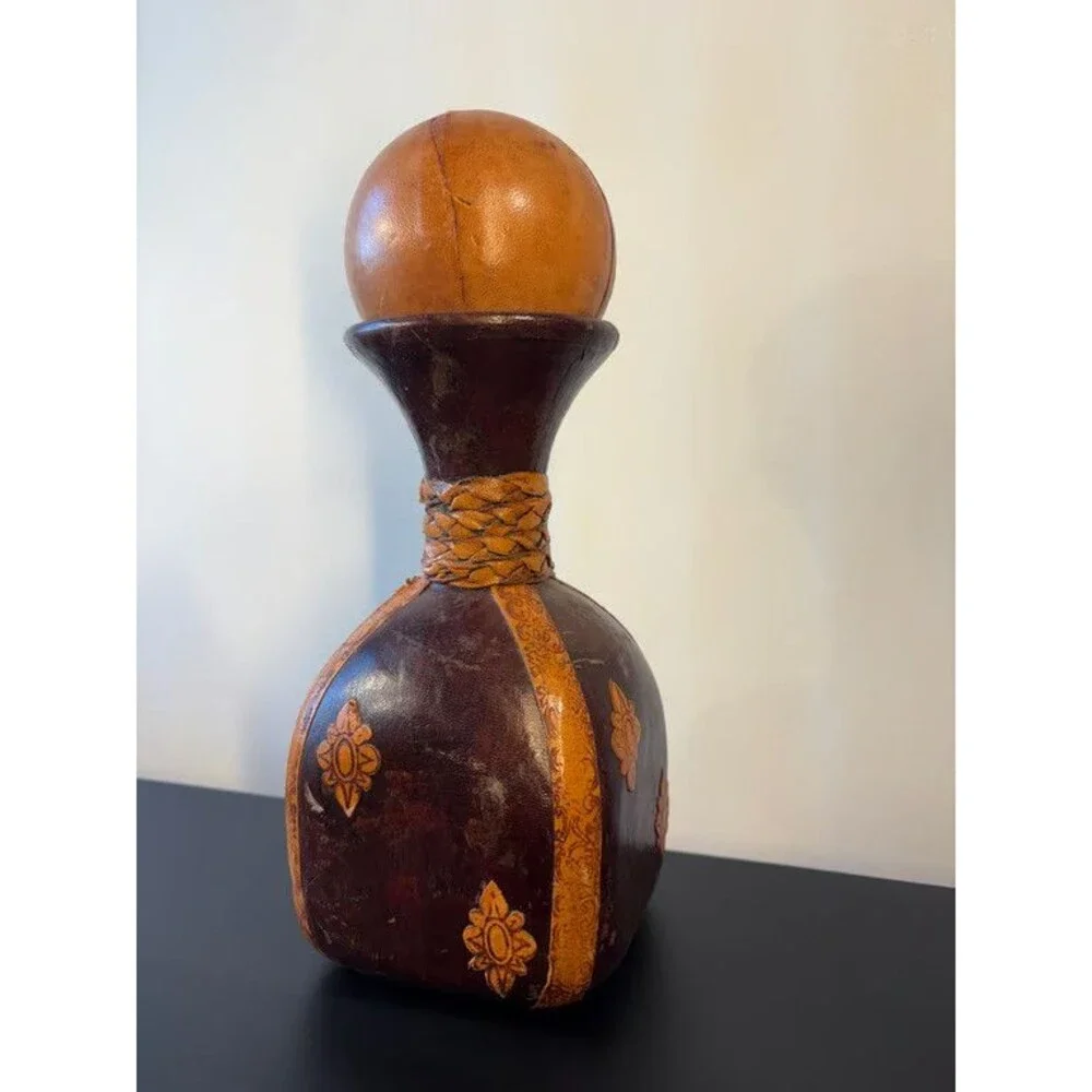 Italian Leather Decanter Dark Brown Fleur de Lis Applied Motifs Ball Stopper